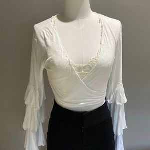 White crop top w/ long ruffled sleeves